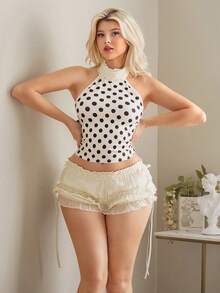 ROMWE Kawaii Bộ đồ 2 món Xuân/Hè: Áo hai dây chấm bi và quần short dáng suông. - Đen và trắng - Xem 5