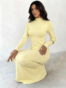 Firerie Bộ trang phục thường ngày thanh lịch dành cho nữ, gồm áo dệt kim dài tay cổ đứng ôm sát màu vàng nhạt và chân váy ôm sát dáng đuôi cá, phù hợp cho các dịp thường nhật, công sở, hẹn hò, tiệc trà chiều, mùa xuân, trang phục giáo viên. - Màu vàng - Xem 8