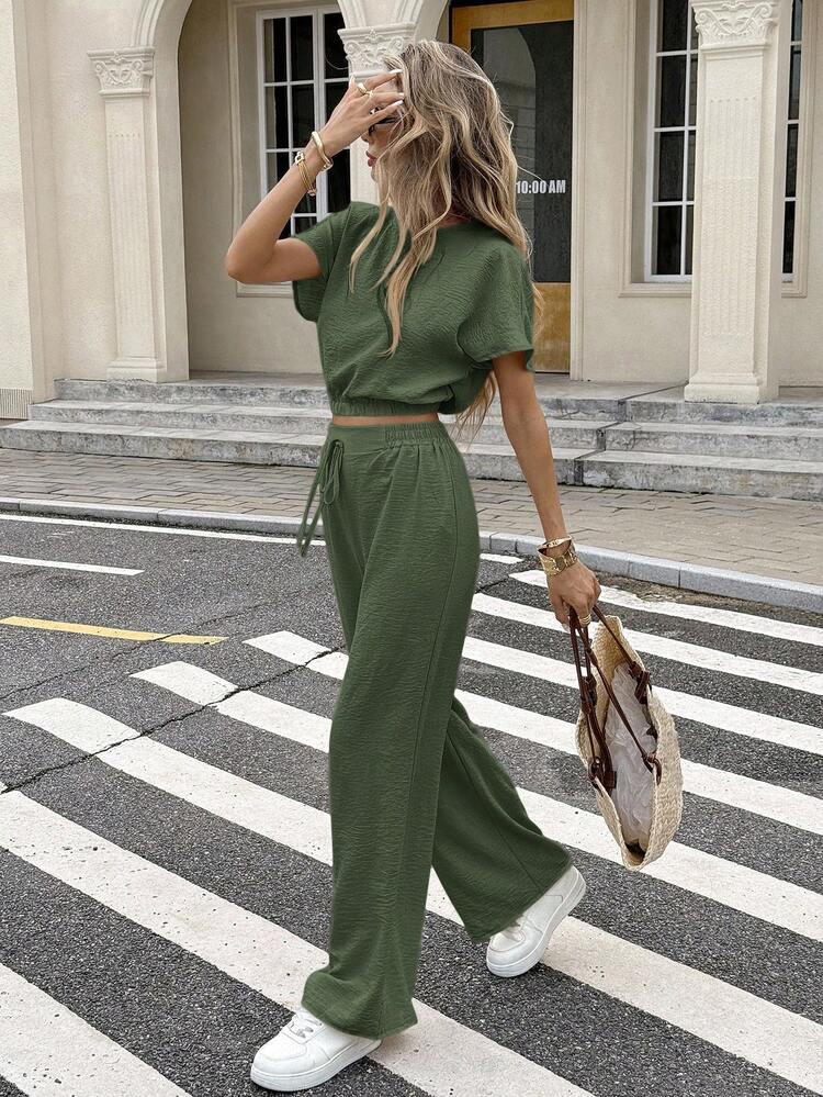 Serisse Batwing Sleeve Crop Top & Drawstring Waist Pants Textured