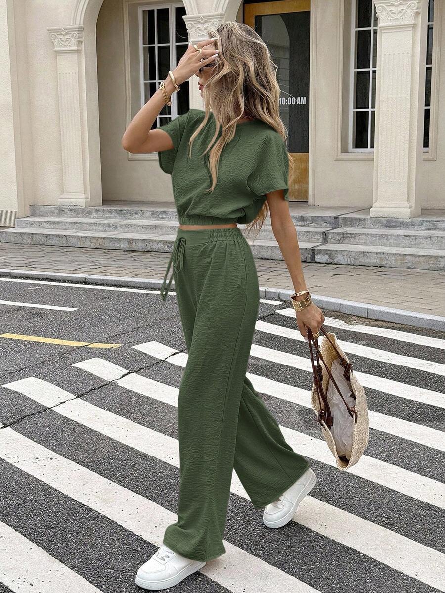 Serisse 蝙蝠袖露脐上衣和抽绳腰裤，纹理面料两件套 - 薄荷綠 - 查看 1