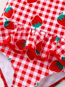 Emery Rose Kids Emery Rose Kids Young Girl Cute Strawberry Pattern Casual Knit Patchwork Camisole One-Piece Swimsuit, Summer - Red - View 5