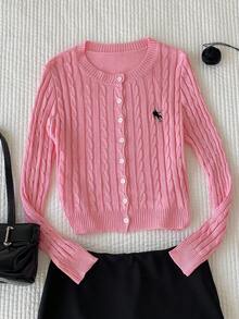 Comfortcana 女士休闲针织开衫，饰有骑士刺绣，单排扣长袖 - 粉色 - 查看 1