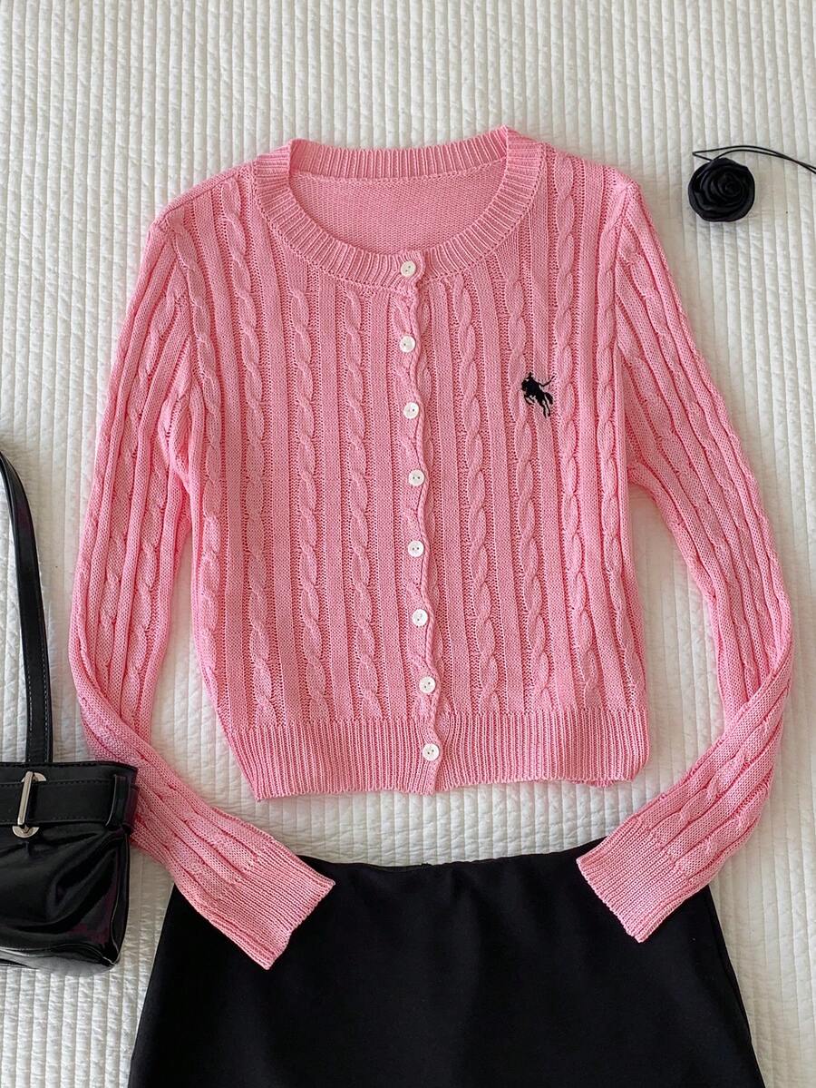 Comfortcana 女士休闲针织开衫，饰有骑士刺绣，单排扣长袖 - 粉色 - 查看 1