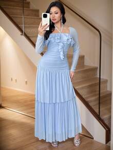 Modelyn 女士纯色方领荷叶边中长连衣裙 - 湖藍色 - 查看 2