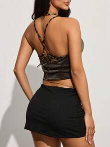 INAWLY Top sans dos à col drapé avec imprimé léopard scintillant et épissure, et sexy pour femmes - Doré - Voir 2