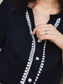 Écloséra 女士优雅衬衫，复古法式风格丝带装饰开衫衬衫，短袖衬衫，藏蓝色 - 藏蓝色 - 查看 3