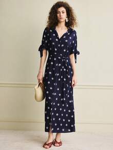 Écloséra Vestido tejido con estampado, con abertura, corbata delantera, puños y estilo retro francés - Azul Marino - Ver 6