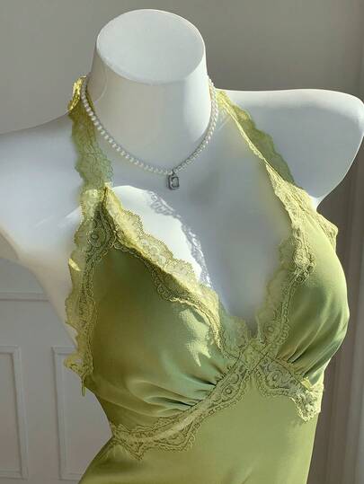 Comfortcana 2026 Nueva llegada Primavera/Verano Blusa de mujer elegante con cuello halter y parches de encaje, versátil para citas y fiestas, verano, Día de San Valentín, fiesta, playa, salidas, elegante para vacaciones de mujeres, estilo Y2K 2000, primavera, graduación, ceremonia, vacaciones, playa, Día de San Valentín, carnaval, ocio en casa, calle, universidad