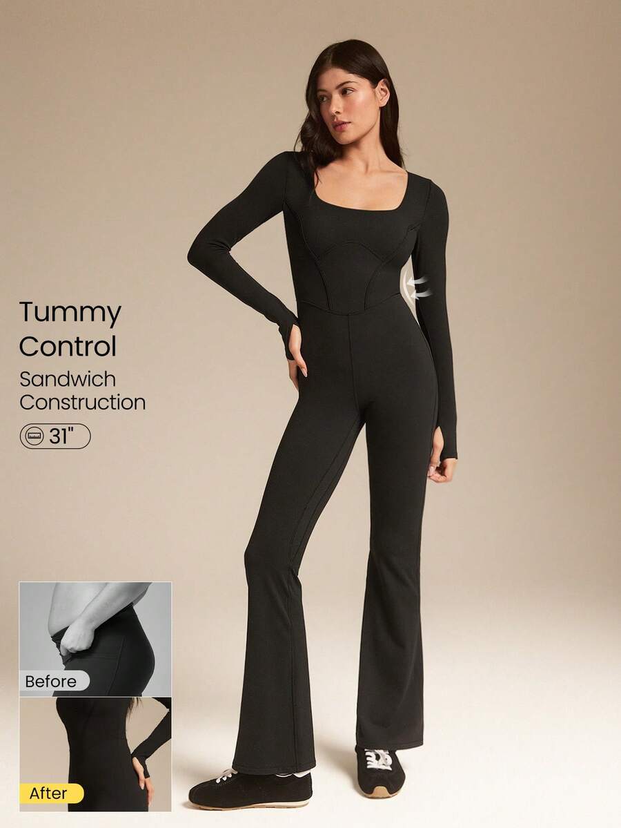 GLOWMODE FeatherFit™-Air Sunproof Flare Free Lightweight Square Neck Open U Back Long Sleeve Flare Leg Bodysuit With Thumbholes Low Impact Daily Casual Wear Removable Cups - Black - View 1