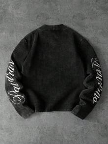 PAVTROS 男士街头风长袖T恤，圆领，复古做旧抓绒面料，罗纹质感，饰有宗教图案印花，Y2K风格，复古手写设计，高街时尚，独特个性化，青春活力，节日礼物，男友礼物 - 灰色 - 查看 8