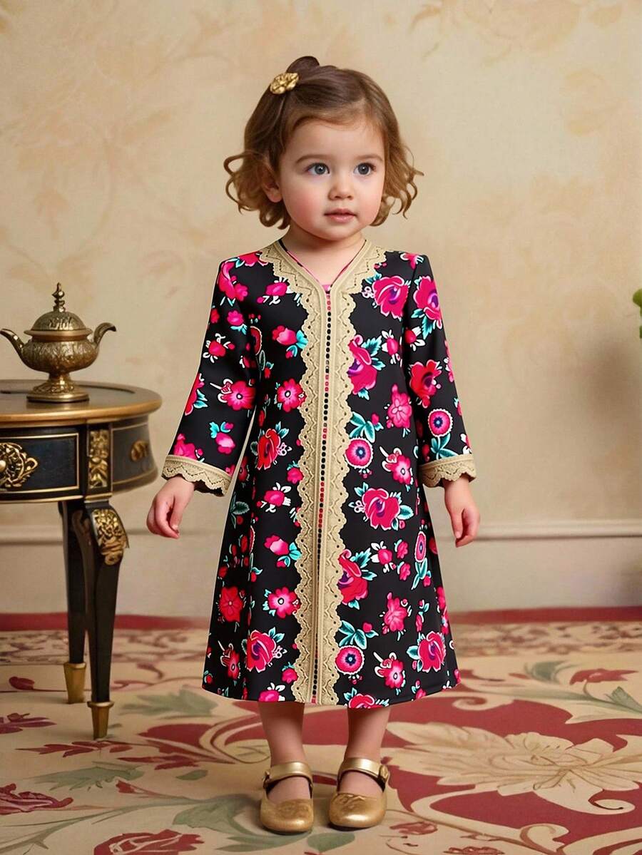 Toddler Girls' Long Sleeve Floral Print Gold Trim Dress, Middle Eastern Style, Elegant & Delicate, Spring/Autumn Dress Baby Girl Toddler Girl Long Sleeve Dress Toddler Long Sleeve Dress Girls Dress - Black - View 1