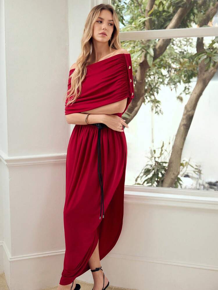 WOMEN'S OFF SHOULDER RUCHED SPLIT HEM LONG DRESS, SPRING/SUMMER