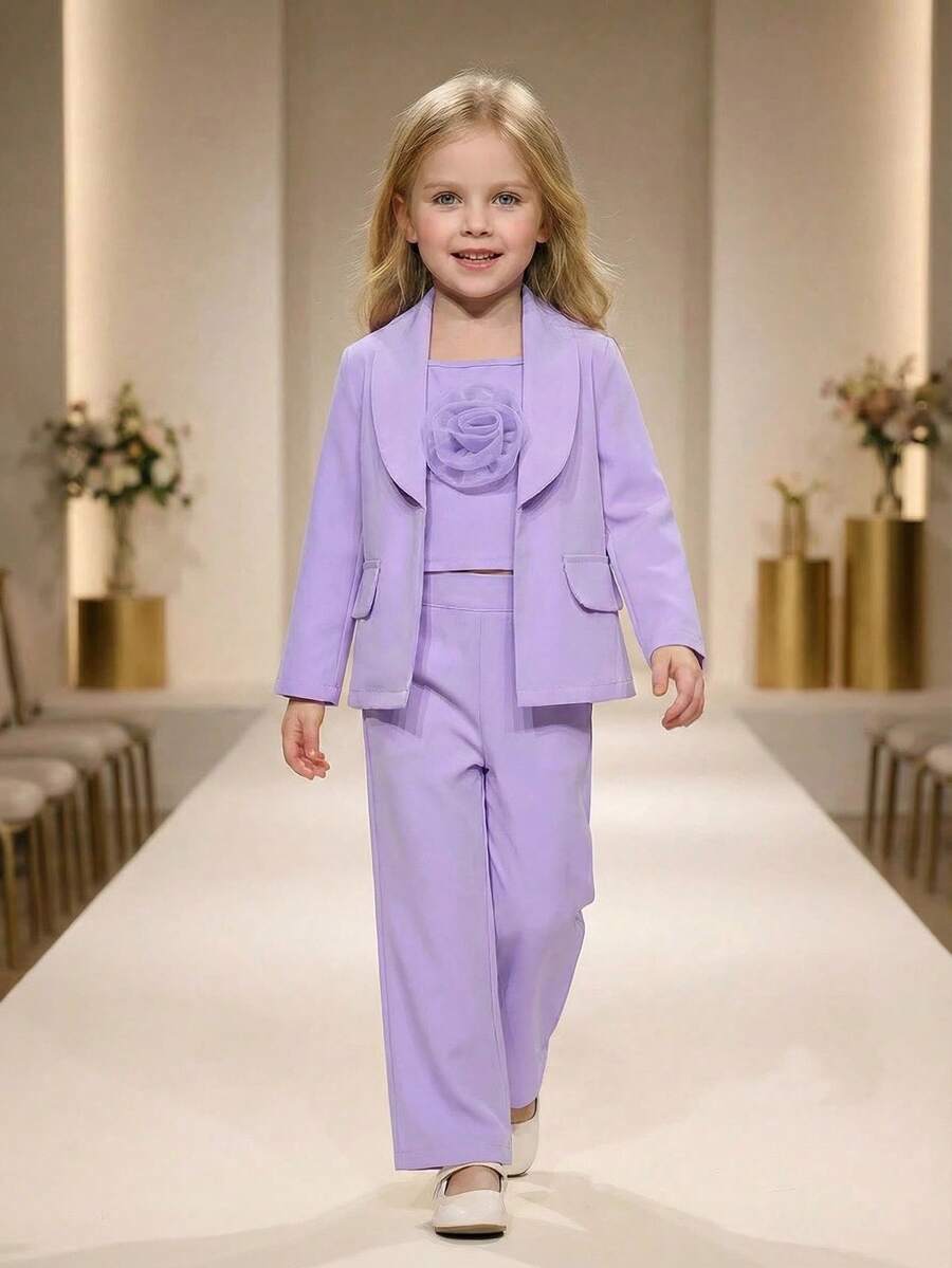 3件套少女都市优雅西装外套、3D花卉背心和裤子套装 - 淡紫色 - 查看 1