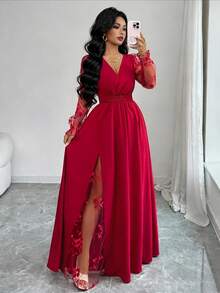 Elenzga Women's Elegant Deep V-Neck Lace Patchwork Long Sleeve High Slit Dress, Suitable For Graduation, Holidays, Valentine's Day, Music Festivals, Mother's Day, Thanksgiving, Easter, National Day, Balls, Dates, Parties, Weddings, Outdoor Activities, Spring/Summer - Red - View 3