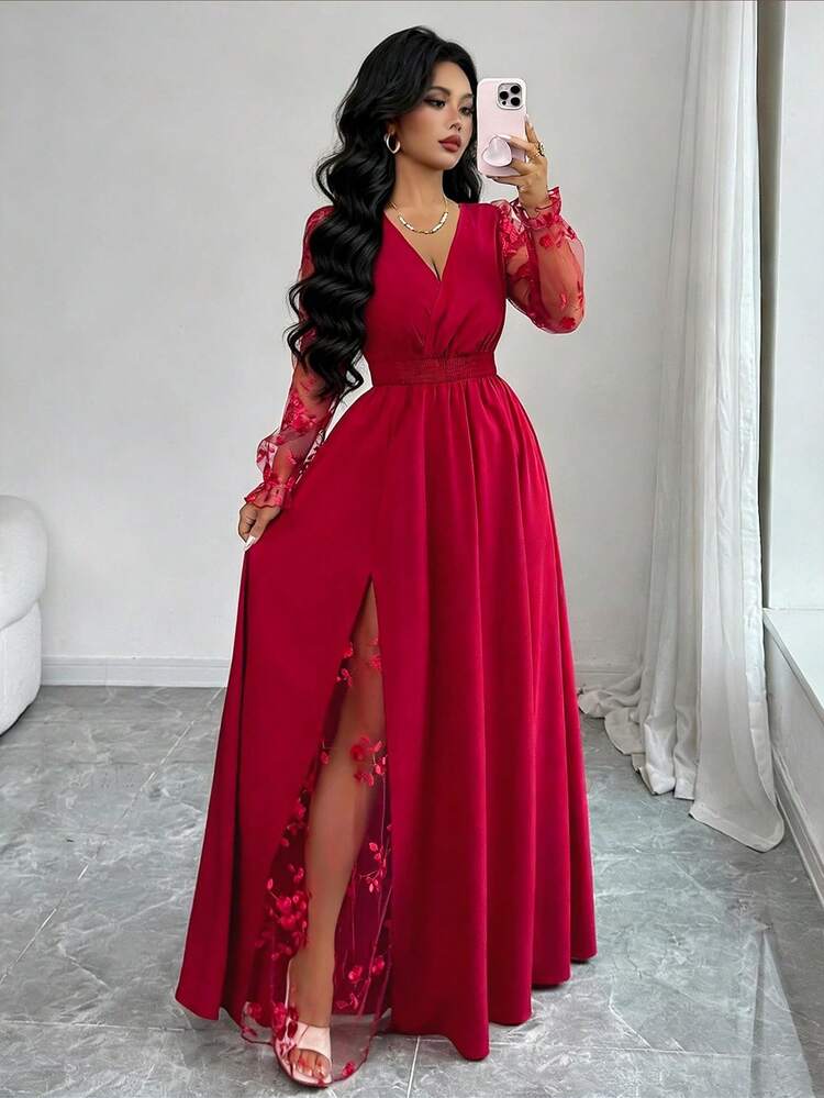 SHEIN Elenzya Vestido elegante de mujer con cuello en V profundo, parche de encaje, manga larga y abertura alta, adecuado para graduación, vacaciones, Día de San Valentín, festivales de música, Día de la Madre, Acción de Gracias, Pascua, Día Nacional, bailes, citas, fiestas, bodas, actividades al aire libre, primavera/verano - Rojo - Añade 3