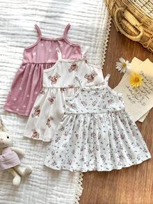 SHEIN Vintaside Kids 新生女宝宝夏季白色橙色碎花吊带连衣裙三件套，舒适可爱，居家礼物 - 彩色 - 查看 2