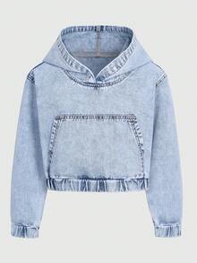Tween Girls 2-Piece Denim Outfit,Light Blue Hooded Cropped Sweatshirt & Jogger Pants,Autumn Streetwear School Back-To-School Casual Daily Wear Set - Light Wash - View 3