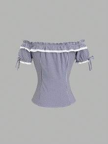 SHEIN Sweetro Women's Halloween Outfit, Thanksgiving Outfit, New Year Outfit, Suitable For Party, Commute, Daily, Travel, Vacation. Fashionable Off Shoulder Ruffle Trim Plaid Shirt, Sweet Bow Tie Waist Short Sleeve Blouse - Blue and White - View 2