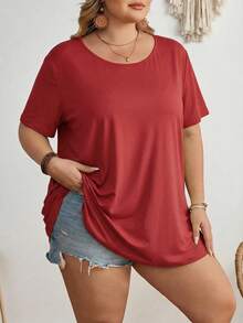 SHEIN CURVE+ Áo thun tay ngắn cổ tròn màu trơn cỡ lớn, kiểu dáng thường ngày, đa năng. - Gỗ đỏ - Xem 3