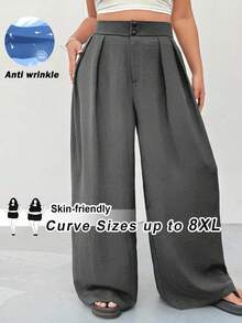 SHEIN CURVE+ 大码曲线/校园服/返校服/返校季大码女装办公室休闲裤，黑色高腰直筒休闲裤，简约时尚，适合日常穿着 - 深灰色 - 查看 7
