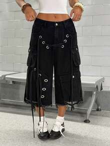 StreetHx 女士休闲十字绣工装牛仔裤，夏季 - 黑色 - 查看 2