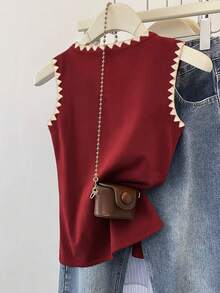 Resyla 女士休闲撞色滚边衬衫，夏季 - 紅色 - 查看 2