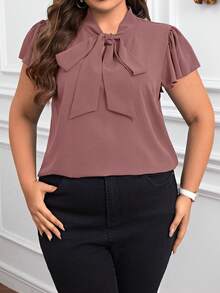 Reflora Camisa de manga corta con tirantes de lazo de unicolor minimalista para uso diario en tallas grandes - Rosa coral - Ver 1