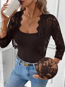 SHEIN Clasi Women's Open Front Lace See-Through Lightweight Jacket, Spring & Summer, Black Lace Shrug In Fall/Winter - Brown - View 1