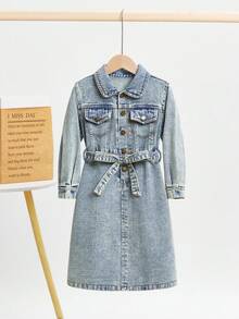 SHEIN Little Byeori Robe chemise en jean bleu pour jeune fille avec ceinture