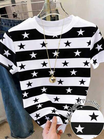 Resyla Camiseta Feminina Casual de Manga Curta com Gola Redonda, Estampa de Estrelas e Listras Coloridas, Verão