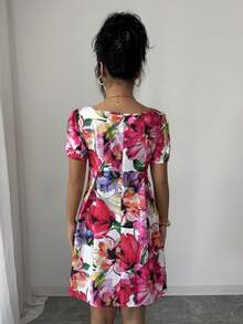 SHEIN Raffinéa Women Floral Print Square Neck Keyhole Puff Sleeve Short Dress - Multicolor - View 2