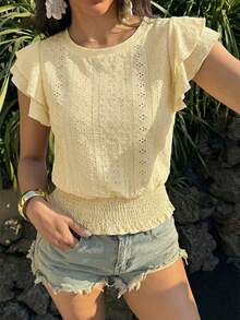 Elenzga 夏季休闲度假白色提花圆领T恤 - 淡黃色 - 查看 6