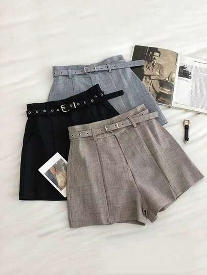 Franclia Daily Casual Style, Elegant, Suitable For Work: Belt, Wide-Leg Pants, Shorts, Women's Spring And Summer Shorts, Elegant Shorts. Teacher's Office Work Shorts, Professional Attire Shorts, Casual Workwear, Casual Office Clothing, Summer Women's Clothing, Teacher's Attire, Vacation Shorts, Date Shorts.