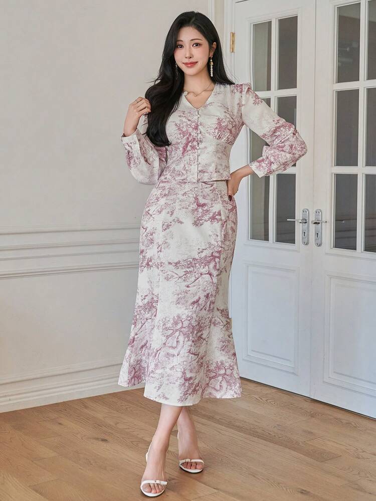 Women's Elegant Floral Print Shirt And Skirt 2-Piece Set, Spring/Summer,Wedding Guest Dress Women