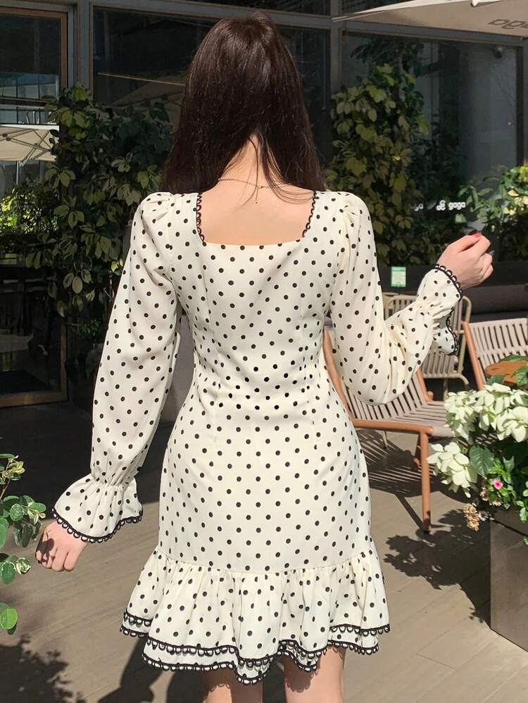 Women's Elegant Colorblock Lace Trim Square Neck Puff Sleeve Polka Dot Mini Dress, Spring/Summer Wedding Guest Dress Sundress