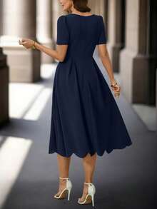 Ellevyn Women's Solid Color Arc Collar Short Sleeve Elegant Mid-Length Dress Navy Blue Elegant Dress Elegant Midi Dress Scallop Neck Dress Pleated Midi Dress Short Sleeve Dress Spring Summer Vacation Women's Day Elegant Work Wear Gift For Mom A-Line Festival Outfit Beach Date Night ,Summer Dress,Spring Dresses For Women - Navy Blue - View 3