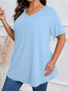 Áo thun nữ cỡ lớn, màu trơn, cổ tròn, tay ngắn, kiểu dáng thường ngày. - Màu xanh nhạt - Xem 6