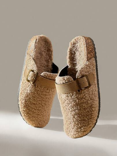 Solecia Khakifärgade plattskor med fuzzy straps, moderna för pendling, shopping, hemmet, semestern