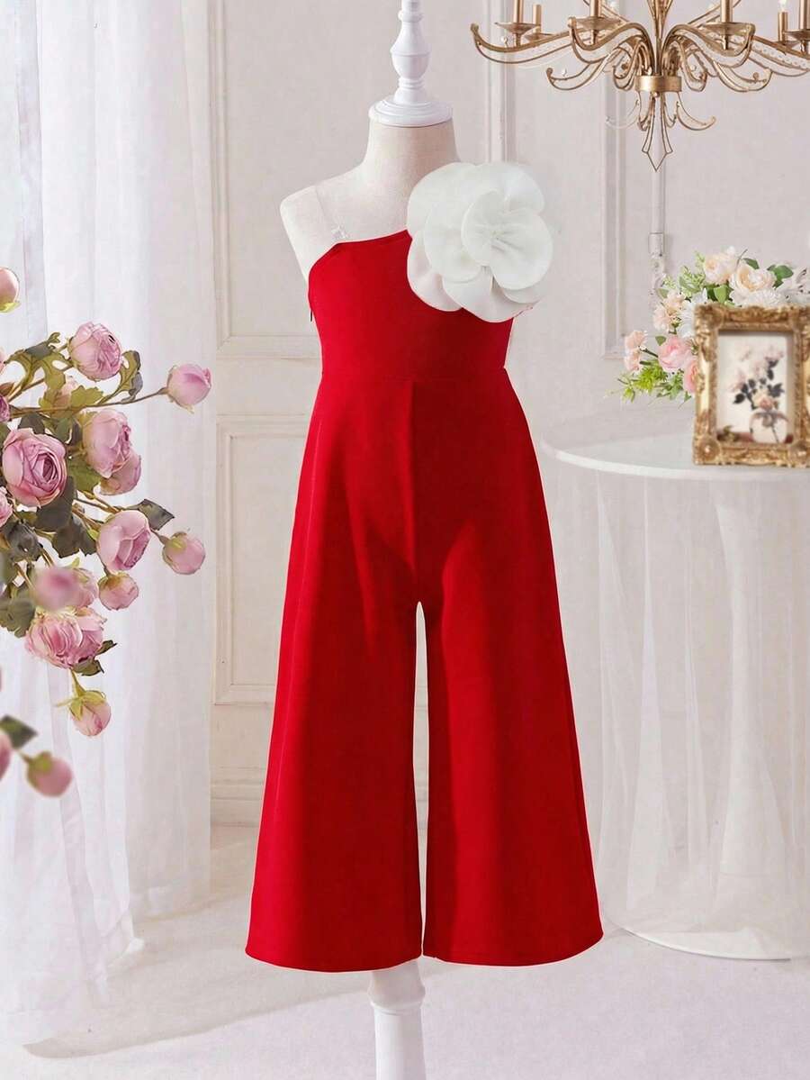 SHEIN Young Girl Casual Elegant Red Asymmetrical Shoulder Form-Fitting Minimalist 3D Floral Decor Jumpsuit, Suitable For Parties, Gatherings, Weddings, Spring/Summer - Red - View 1