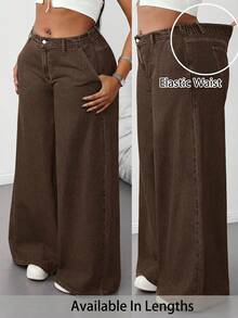 SHEIN Tall CURVE 大码夏季秋季返校季可爱千禧风机场牛仔裤，适合女性，低腰阔腿，休闲水洗低腰阔腿 - 棕色 - 查看 1