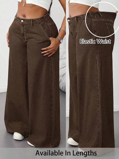 SHEIN Tall CURVE Jeans de estilo Kawaii Y2K para mujeres de talla grande, de verano, otoño y regreso a clases, con diseño modesto y lavado, de cintura baja y pierna ancha, para ocasiones casuales