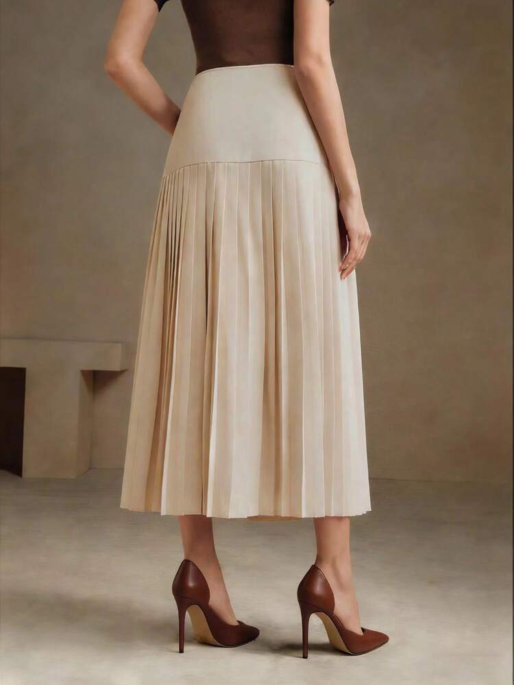 Anewsta Essential Apricot Pleated Contrast Color Elegant Everyday Casual Commute Versatile Women Skirt