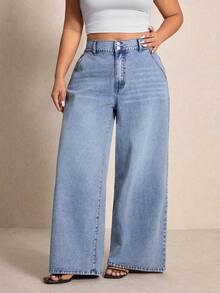 Elaquor 大码女式高腰口袋阔腿宽松休闲牛仔裤 - 藍色 - 查看 8