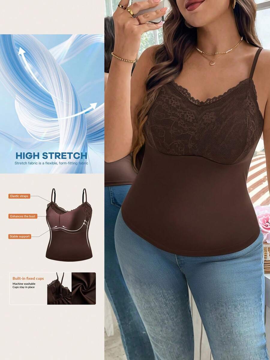 Áo camisole ren tương phản thanh lịch dành cho nữ cỡ lớn, phù hợp với dáng người đồng hồ cát và dáng người tròn trịa. - màu nâu - Xem 1