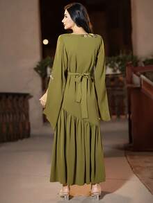 Layrah BA3048 橄榄绿菱形图案长袖复古优雅长款罩衫 - 橄欖綠 - 查看 3