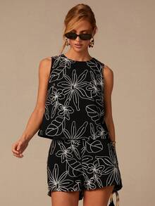 COSMINA Sleeveless Top And Shorts Set, Premium Embroidery Details, Black And White 2 Pieces Set, Summer Vacation Outfit, Beach Set, BOHO Style 2 Pieces - Black and White - View 2