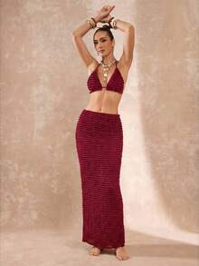 Lumalex Burgundy,Summer,Boho,Beach Vacation,Holiday Wine Red Knitted Skirt,Layered Texture Crinkled Ruffle Back Slit Detail Body-Skimming Fit Cover Up Skit - Multicolor - View 5