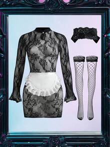 Fantasy Costume Bộ 5 món đồ hóa trang hầu gái gợi cảm, khoét lỗ, chất liệu lưới xuyên thấu. - Đen và trắng - Xem 8