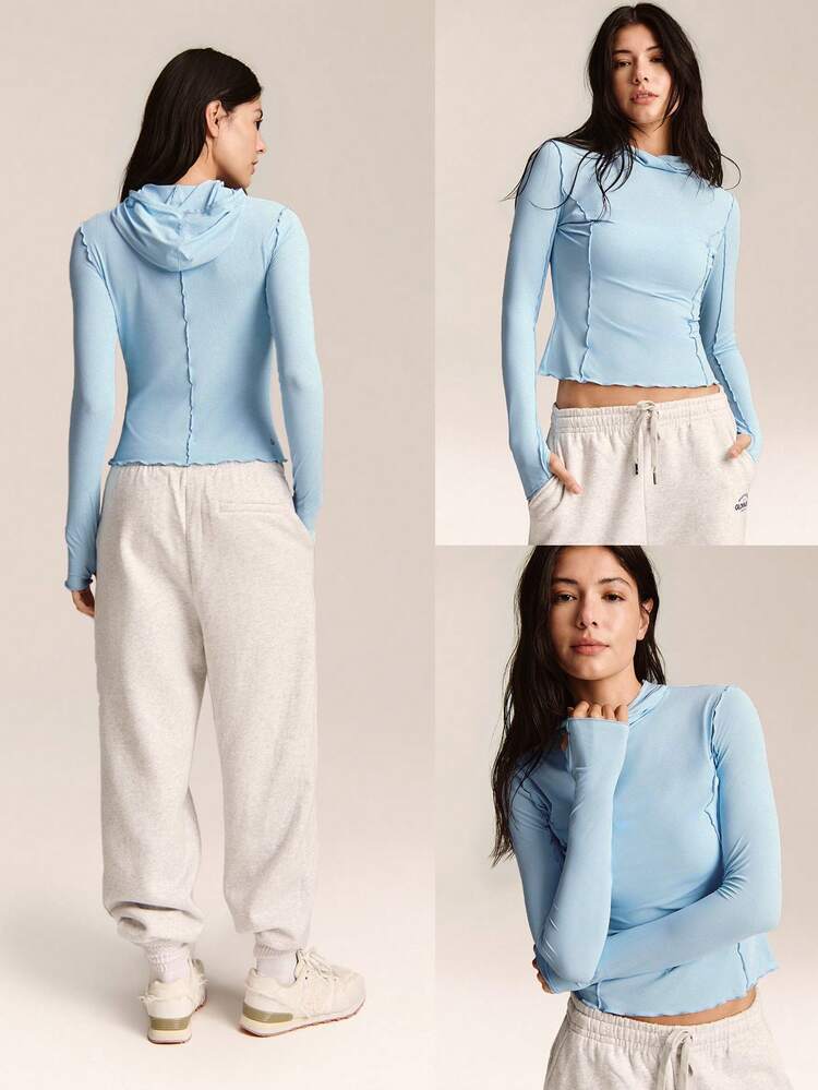 Levanta tu espíritu Parte superior con capucha de manga larga con costuras de encaje, ajuste regular, cintura acanalada, a prueba de sol, con ojales para el pulgar para uso casual diario