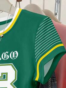 SHEIN Áo thun nữ tay ngắn ôm eo, xếp ly, in chữ Chicago, họa tiết kẻ sọc. - Nhiều màu - Xem 3